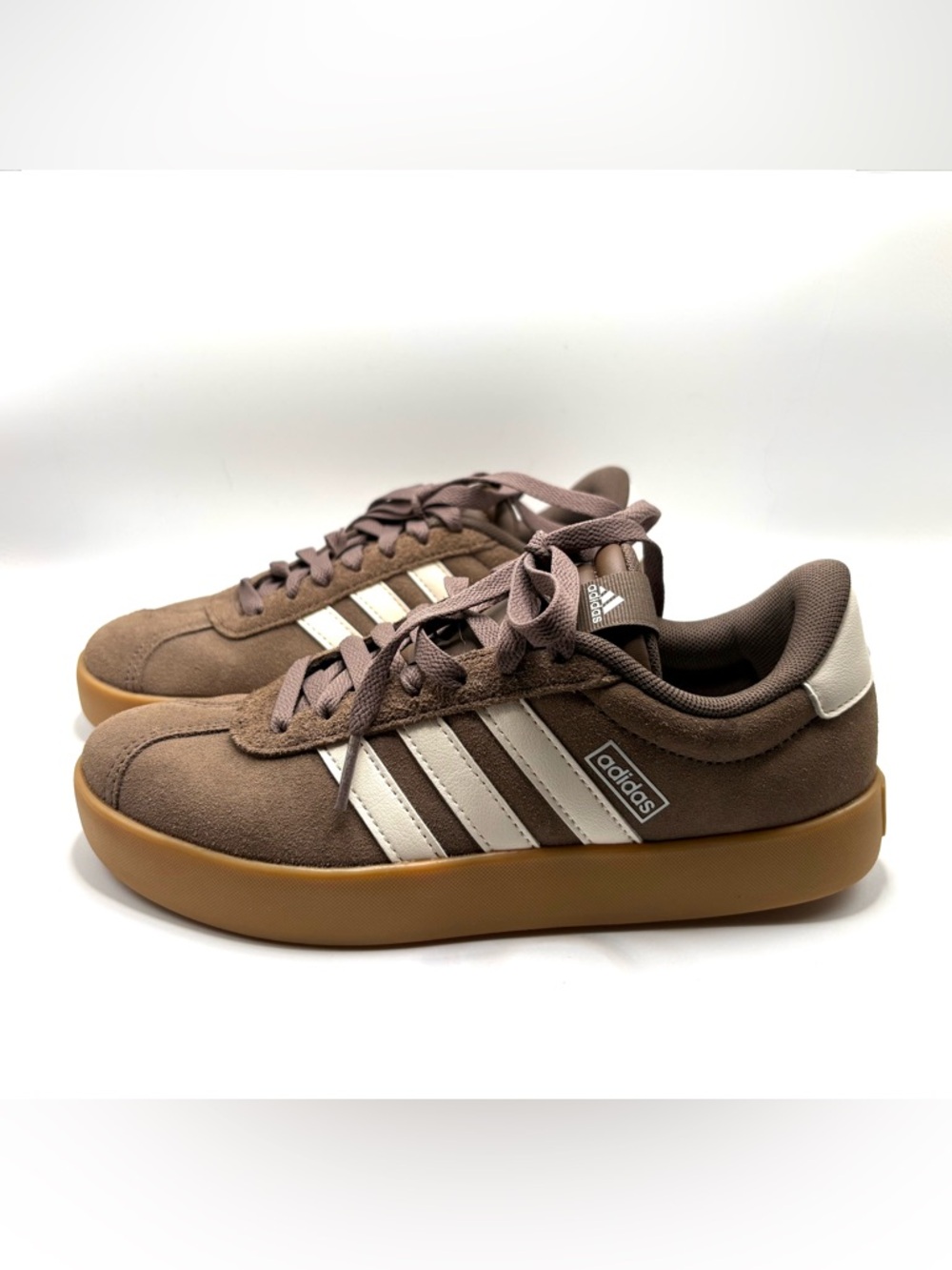 adidas Women's Brown Suede Sneakers with White Stripes and Gum Sole